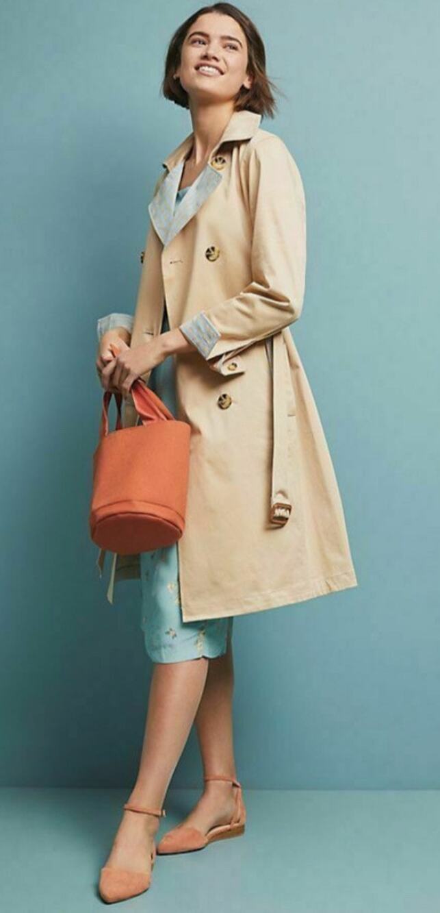 Anthropologie Gingham Lined Trench Coat Blue Khaki Tan Jacket Classic Women's L